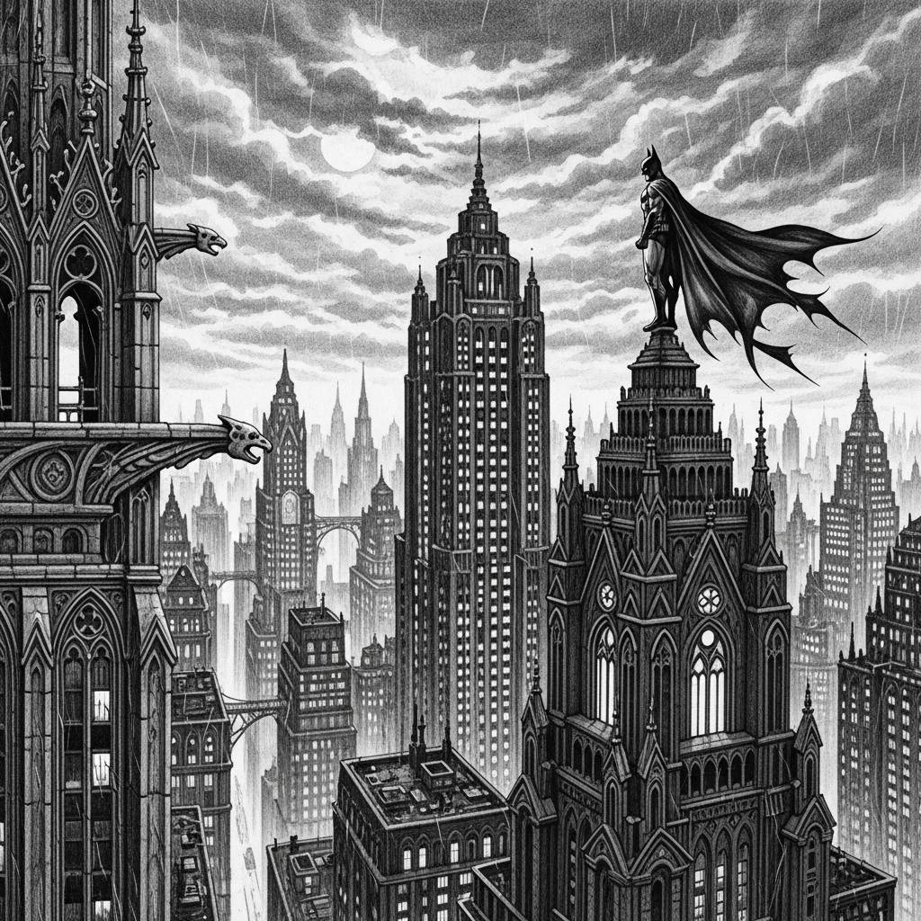 Batman Drawing: Detailed Gotham Cityscape Pencil Art