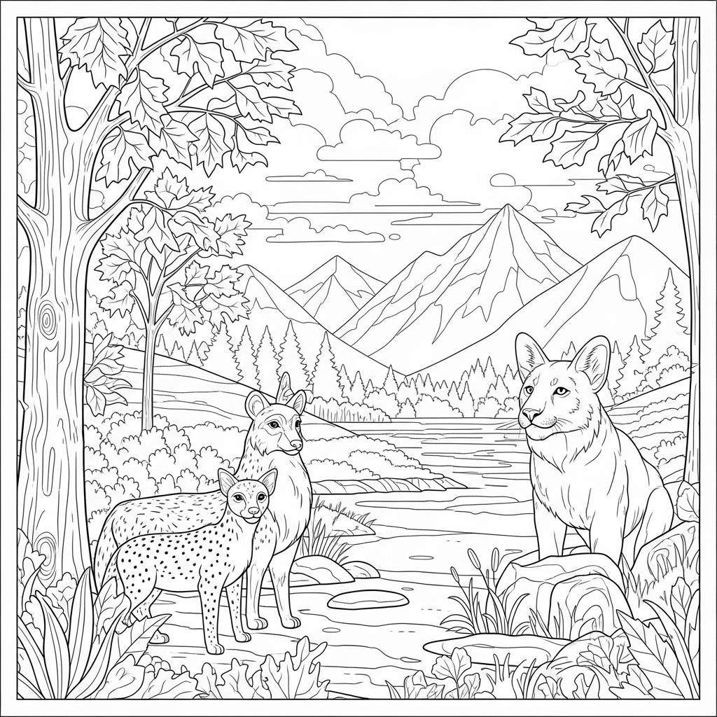 Charming Fall Scenery with Wildlife Coloring Page