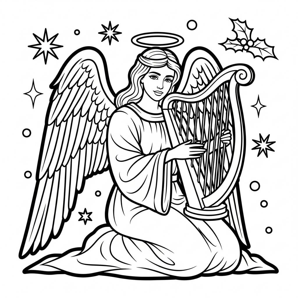 Christmas Angel with Harp Coloring Page