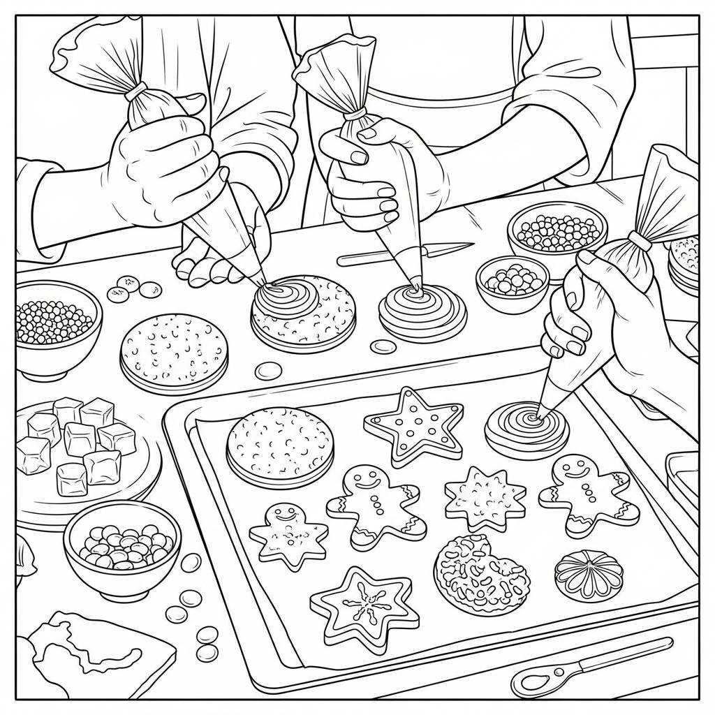 Christmas Cookie Decoration Scene Coloring Page