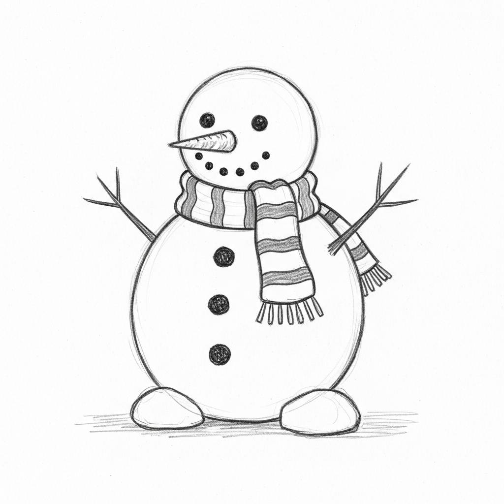 Christmas Drawing Cute Snowman with Scarf Simple Sketch