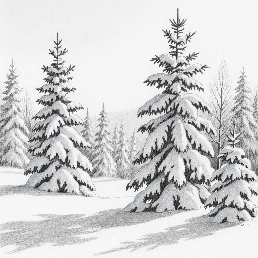 Christmas Drawing Realistic Snowy Landscape with Pine Trees