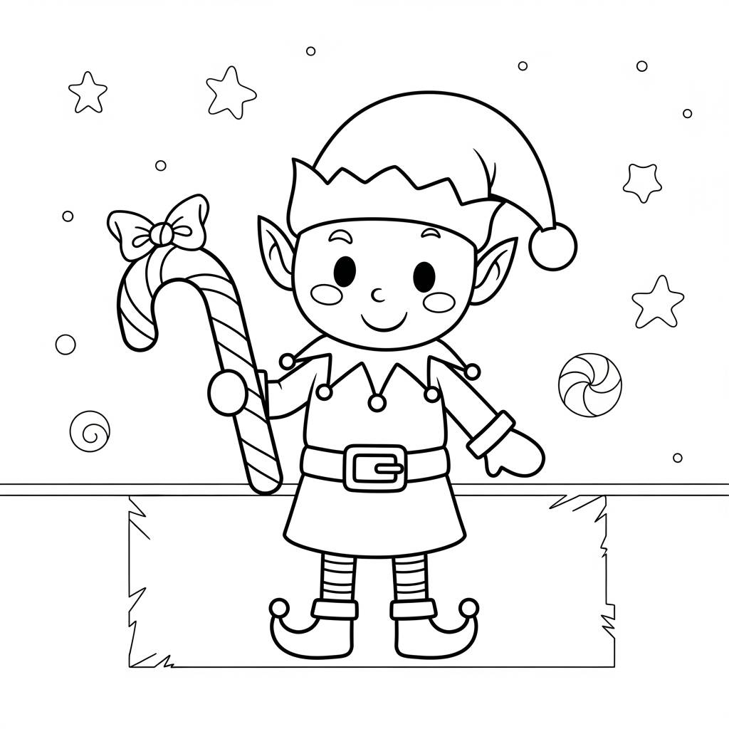 Christmas Elf with Candy Cane Coloring Page