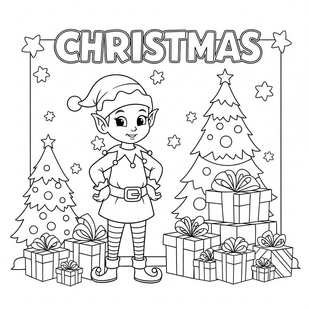 Christmas Elf with Toys Coloring Page