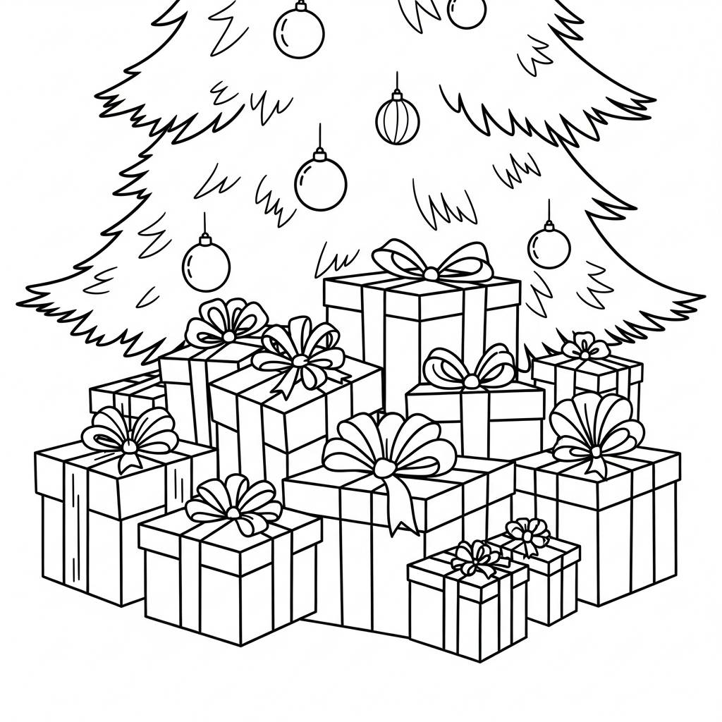 Christmas Presents Under the Tree Coloring Page