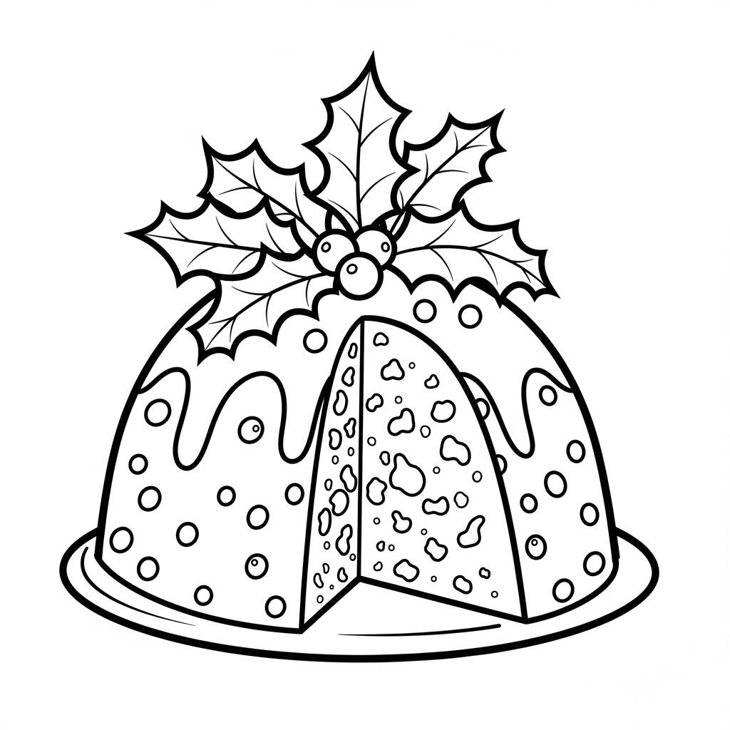 Christmas Pudding with Holly Leaves Coloring Page