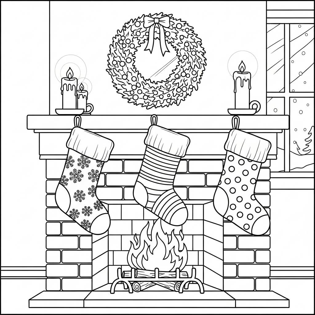 Christmas Stockings on Fireplaces Coloring Page