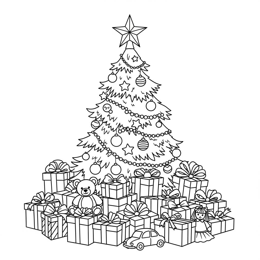 Christmas Tree with Gifts Coloring Page