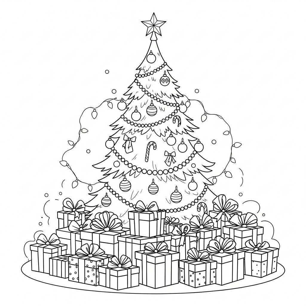 Christmas Tree with Presents Coloring Page