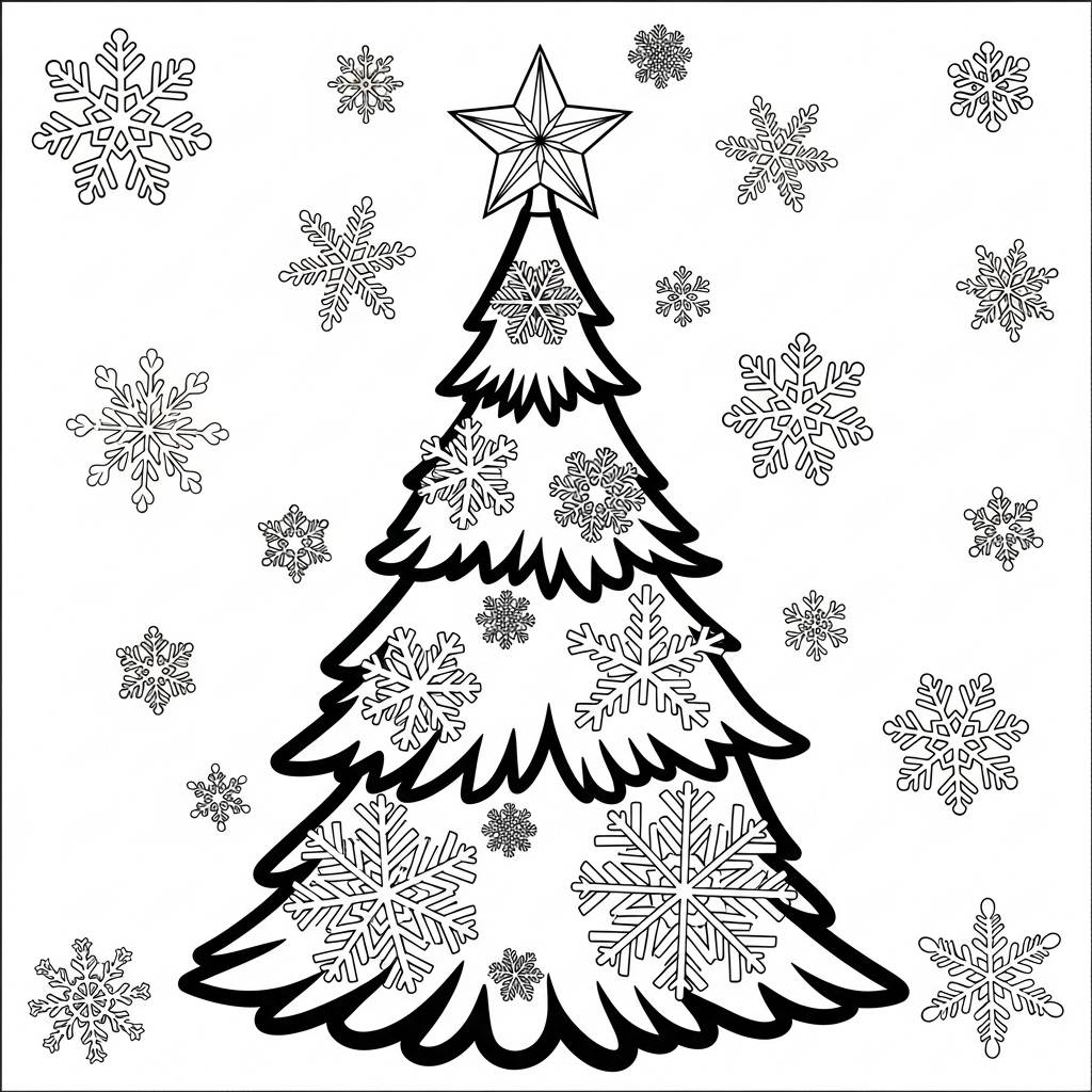 Christmas Tree with Snowflakes Coloring Page