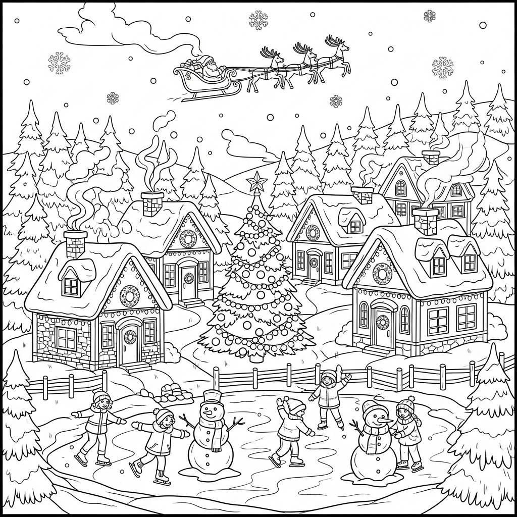 Christmas Village Scene Coloring Page