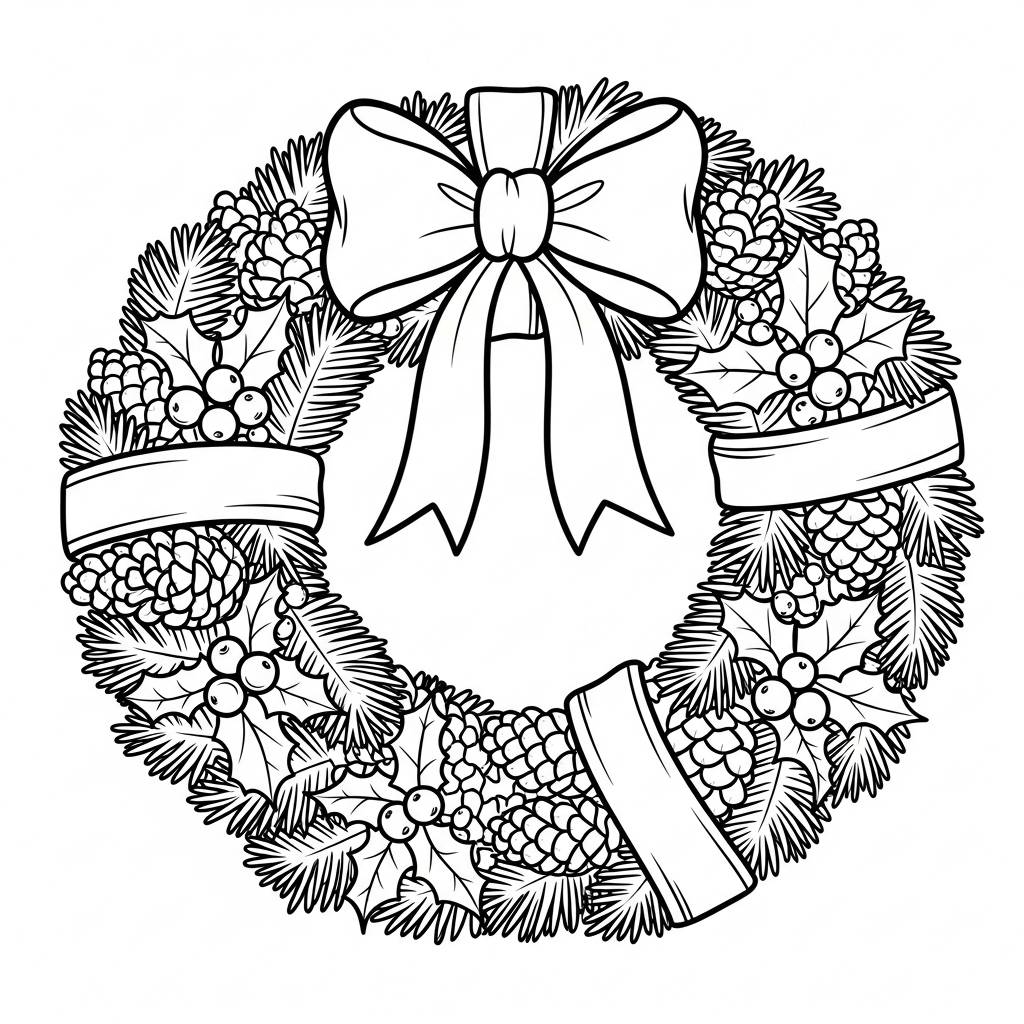 Christmas Wreath with Bow Coloring Page