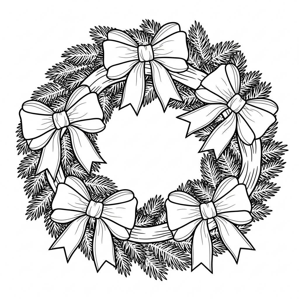 Christmas Wreath with Bows Coloring Page