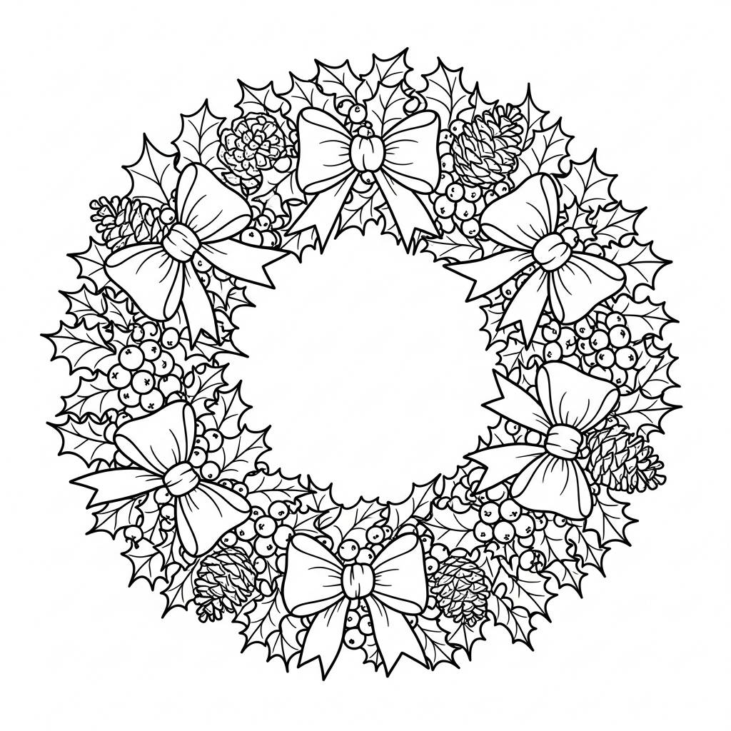 Christmas Wreath with Bows Coloring Page