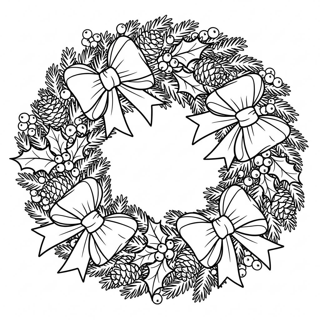 Christmas Wreath with Bows Coloring Page
