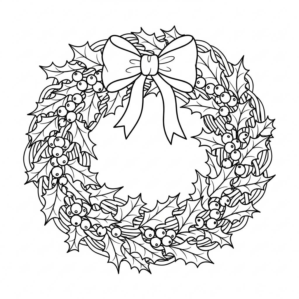 Christmas Wreath with Holly Coloring Page