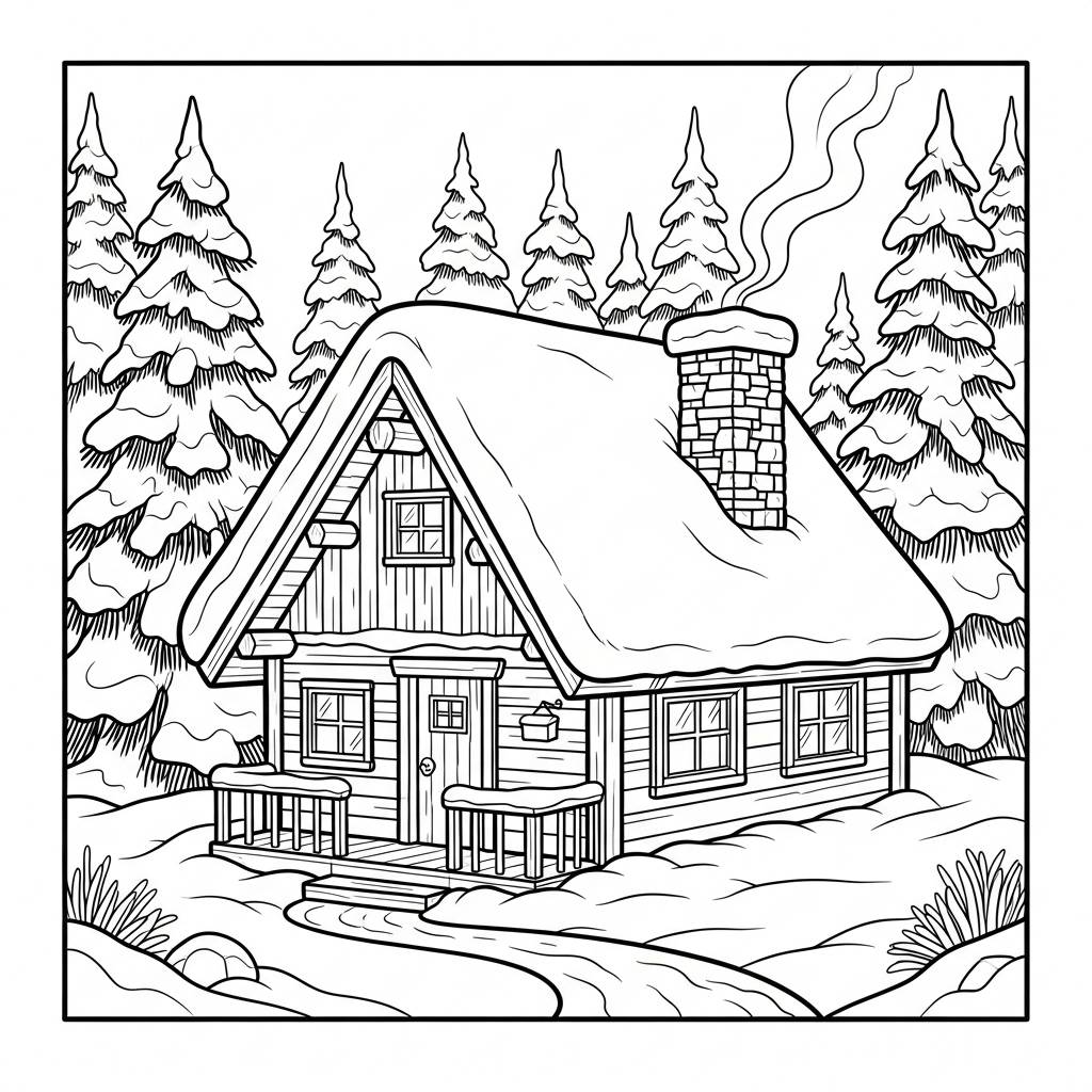 Cozy Cabin in the Snow Coloring Page