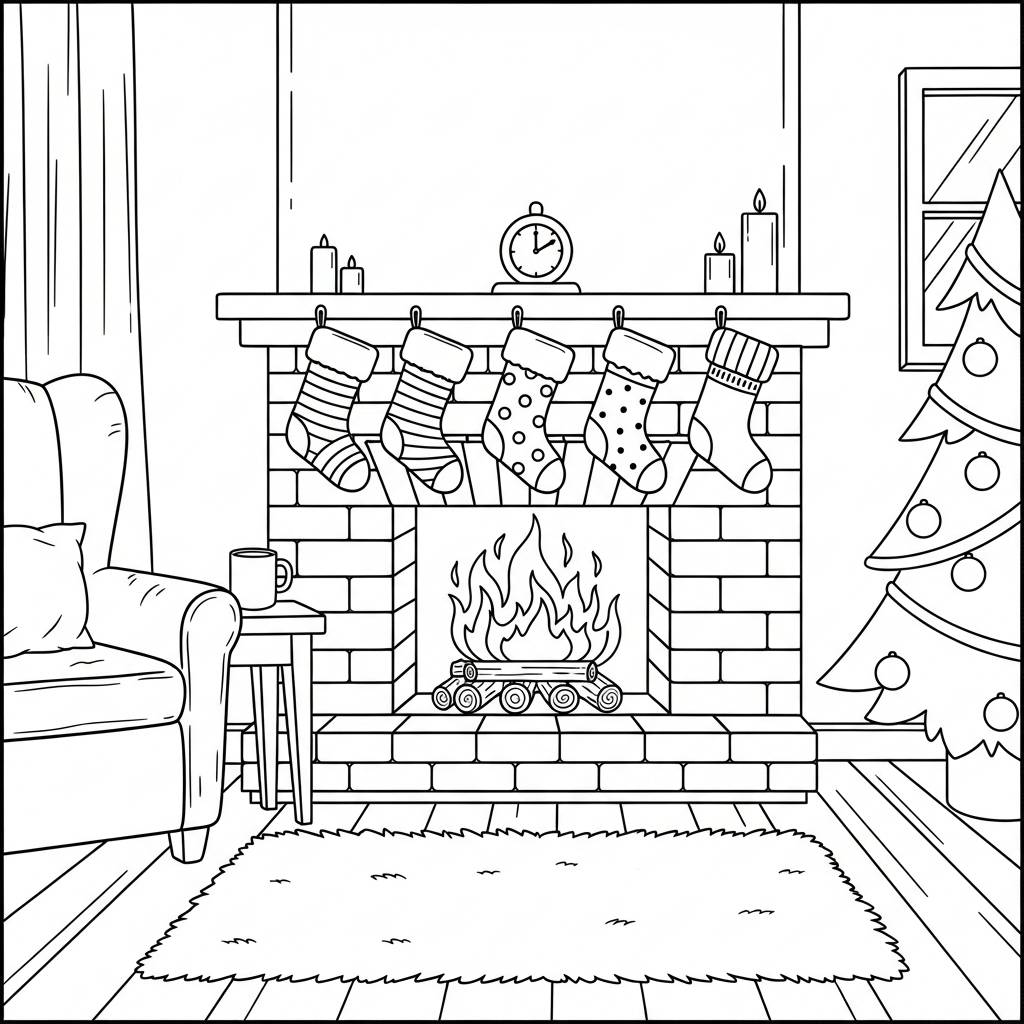 Cozy Fireplace and Stockings Coloring Page