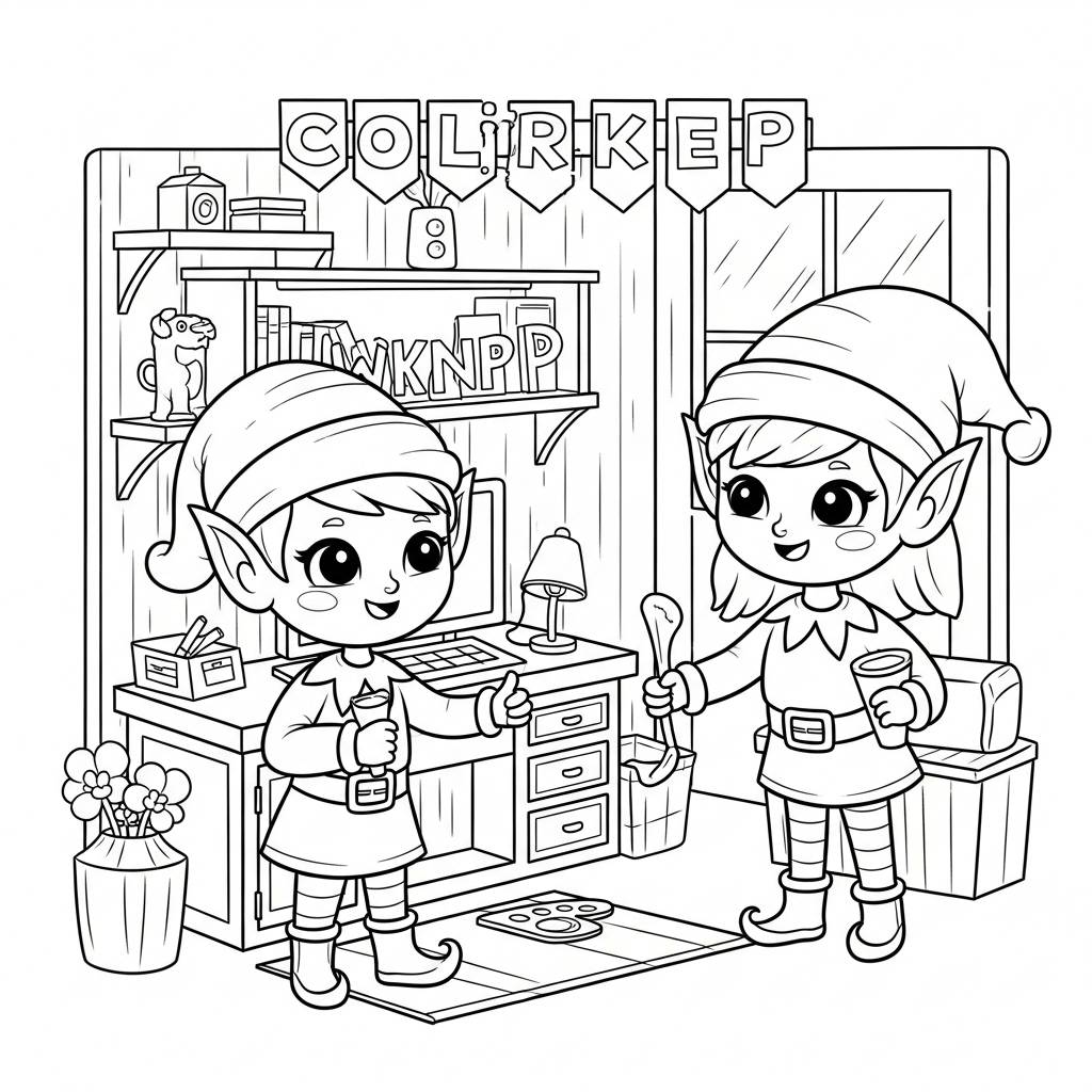 Cute Elf Workshop Coloring Page
