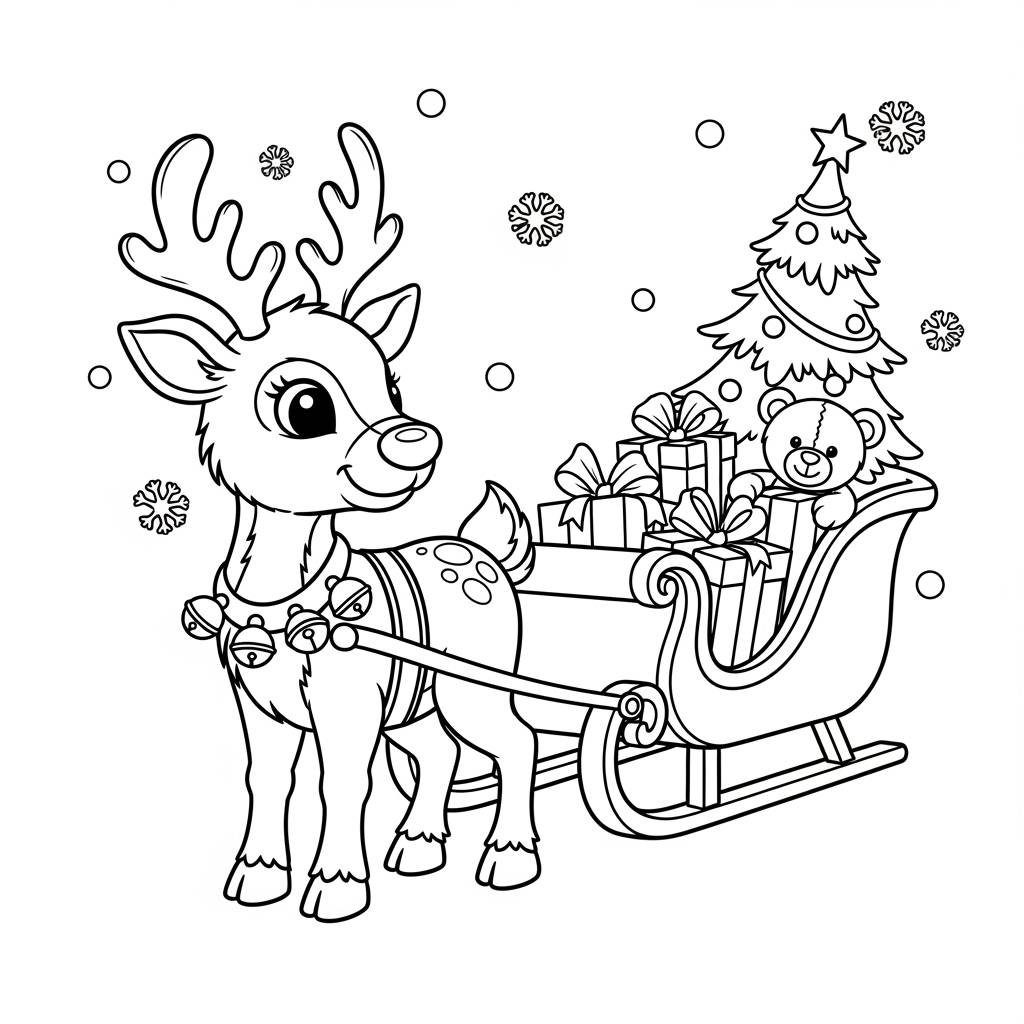 Cute Reindeer with Sleigh Coloring Page