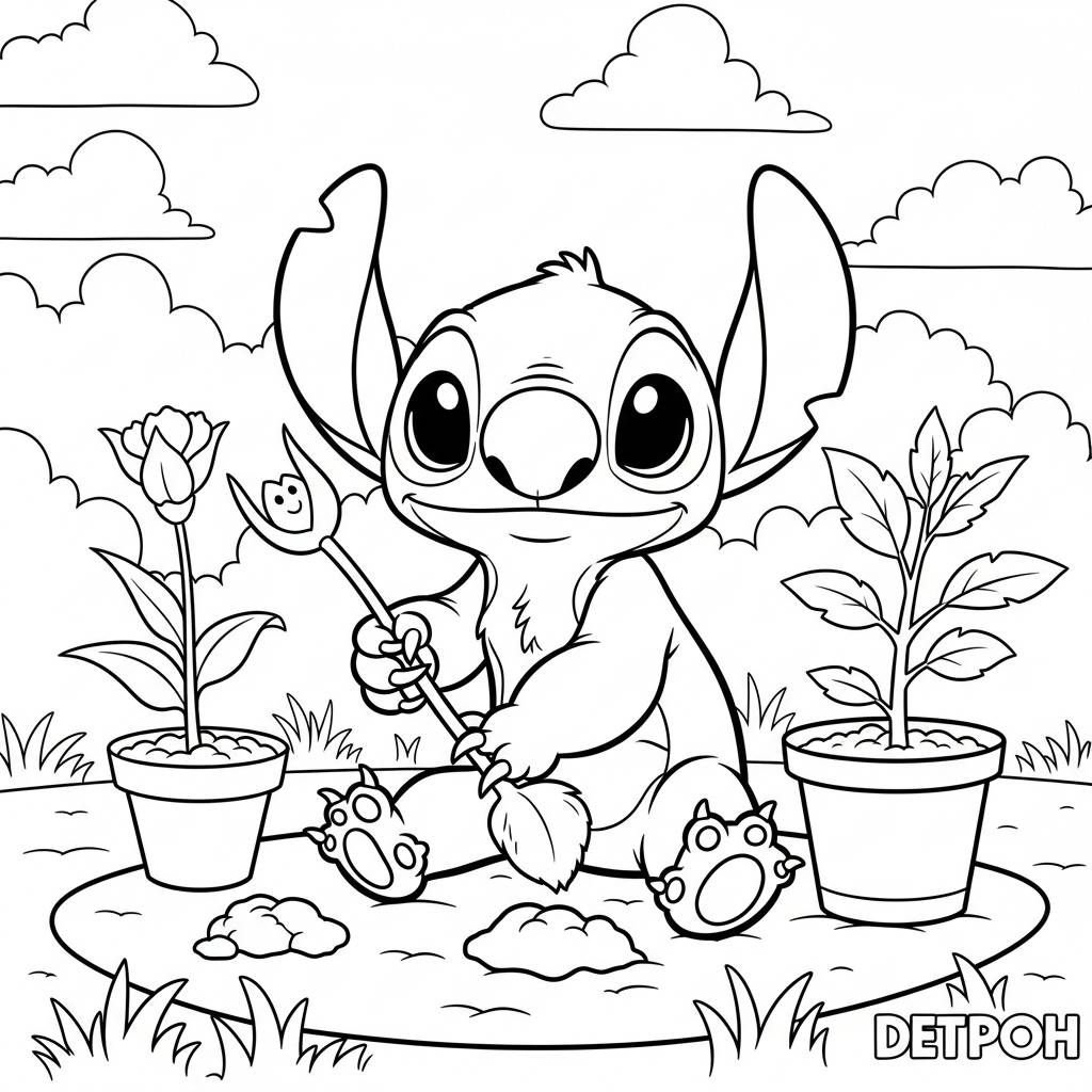 Cute Stitch Gardening Coloring Page