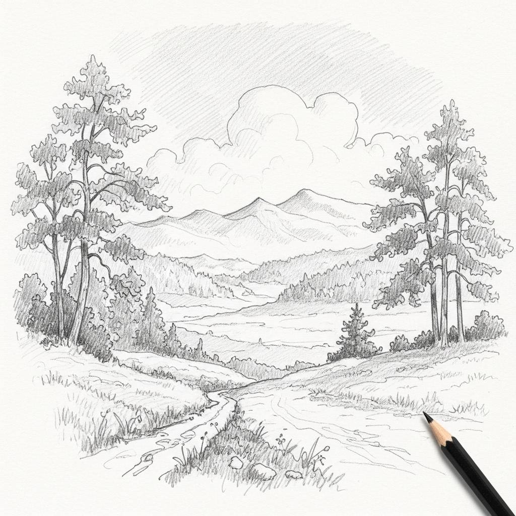 Drawing Ideas: Aesthetic Landscape Pencil Drawing