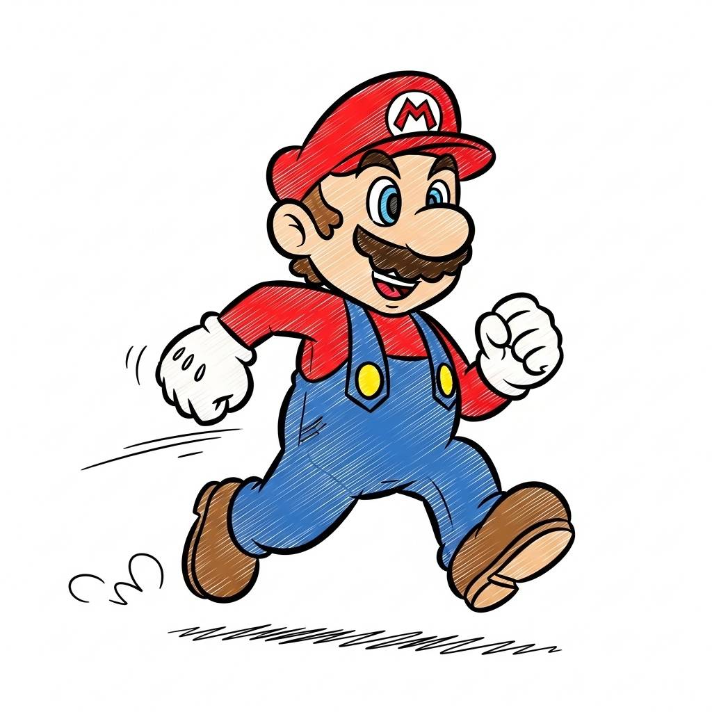 Drawing Ideas: Easy Mario Running Drawing Sketch for Kids