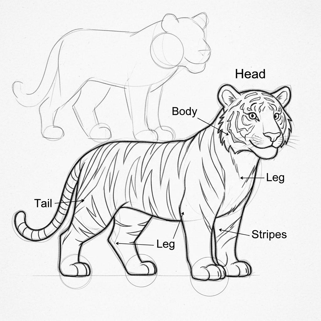 Drawing Ideas: Simple Tiger Pencil Drawing Sketch for Kids