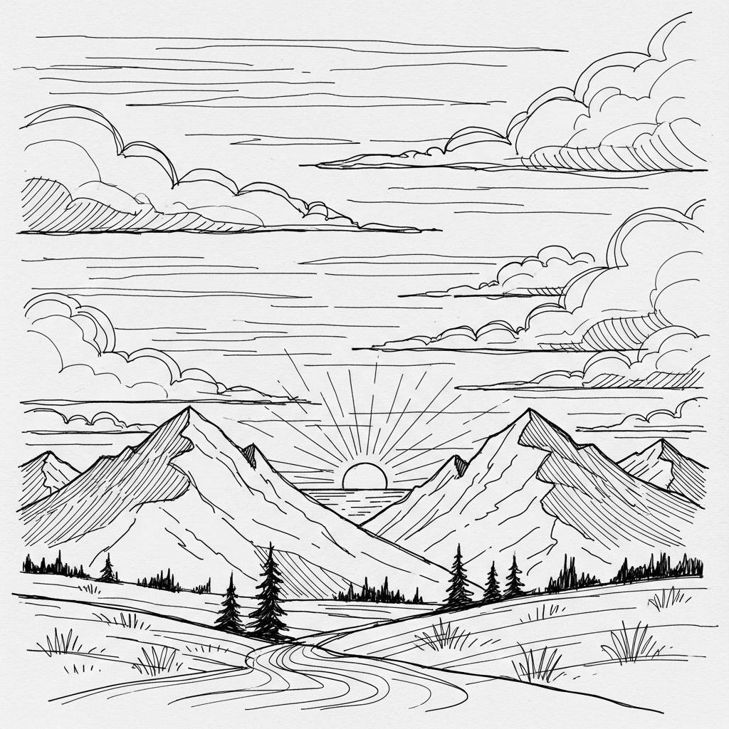 Easy Things to Draw Simple Mountain Landscape at Sunset