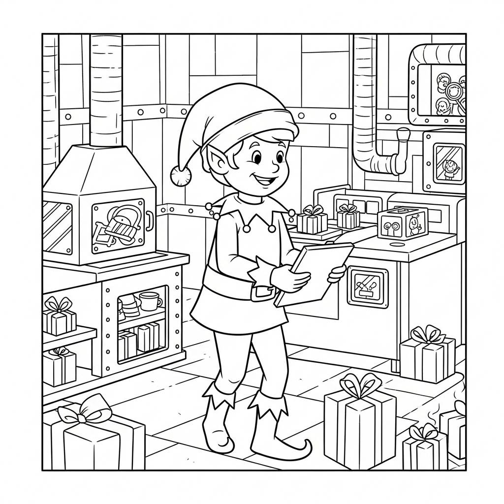 Elf Working in a Toy Factory Coloring Page