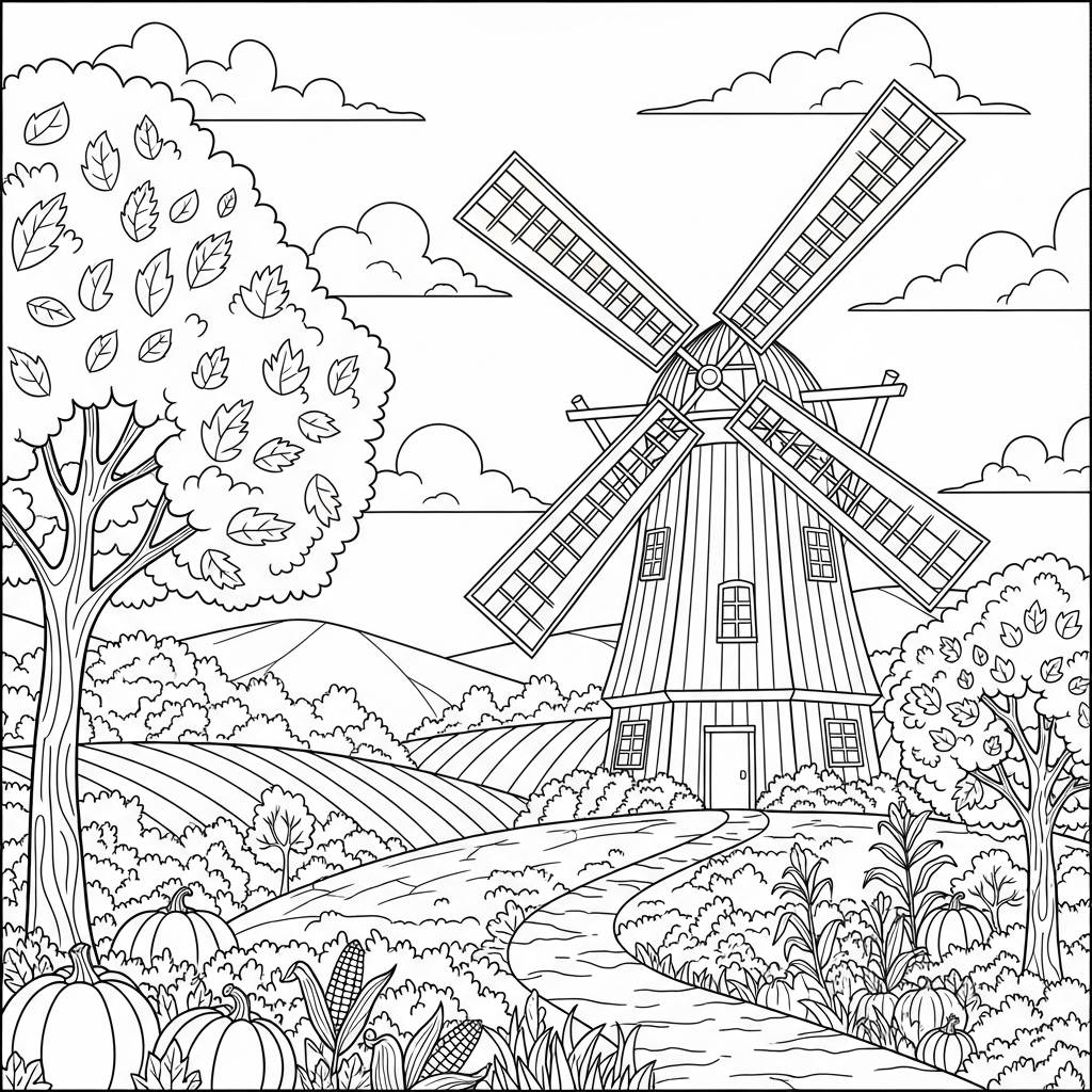 Fall Landscape with Windmill Coloring Page