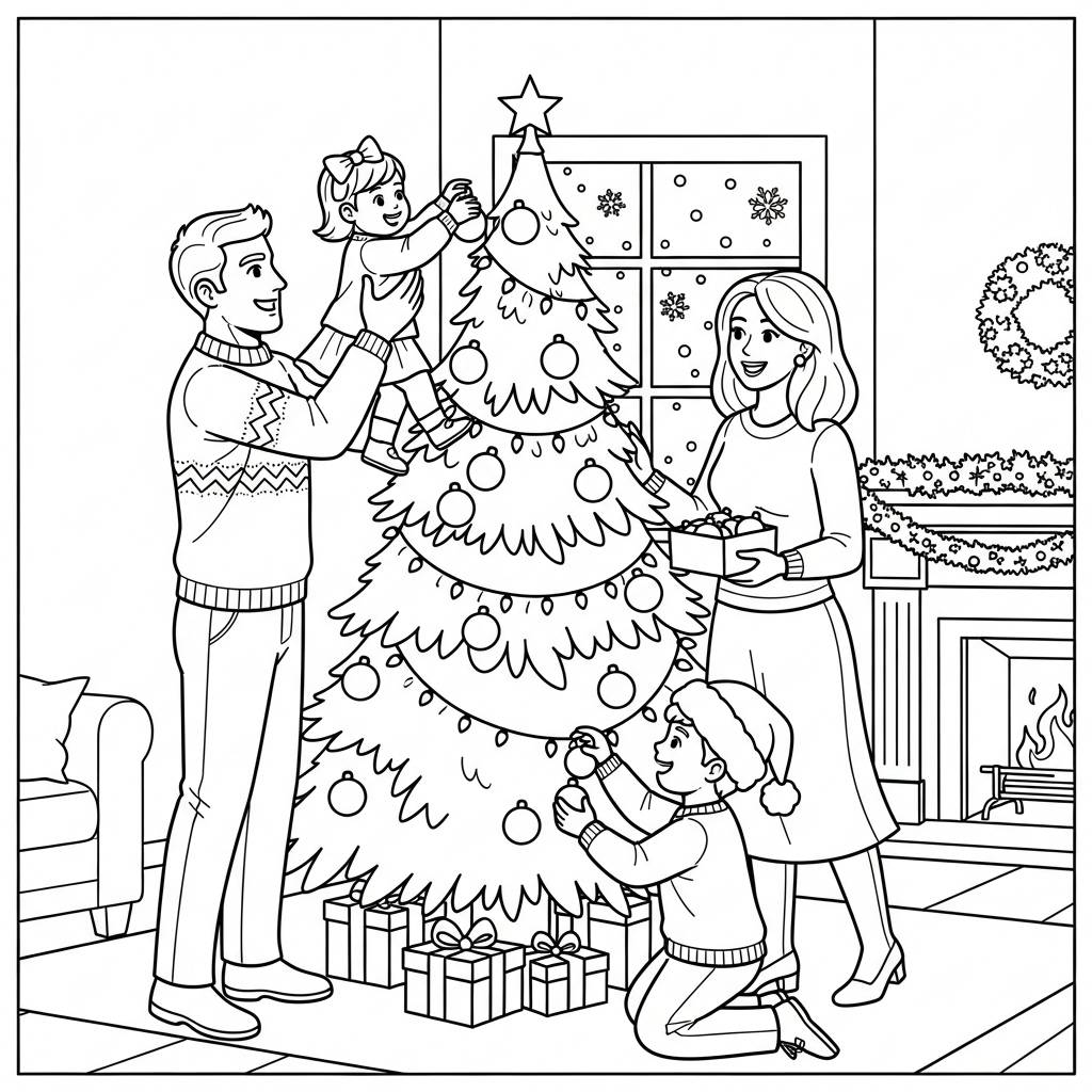 Family Decorating Christmas Tree Coloring Page
