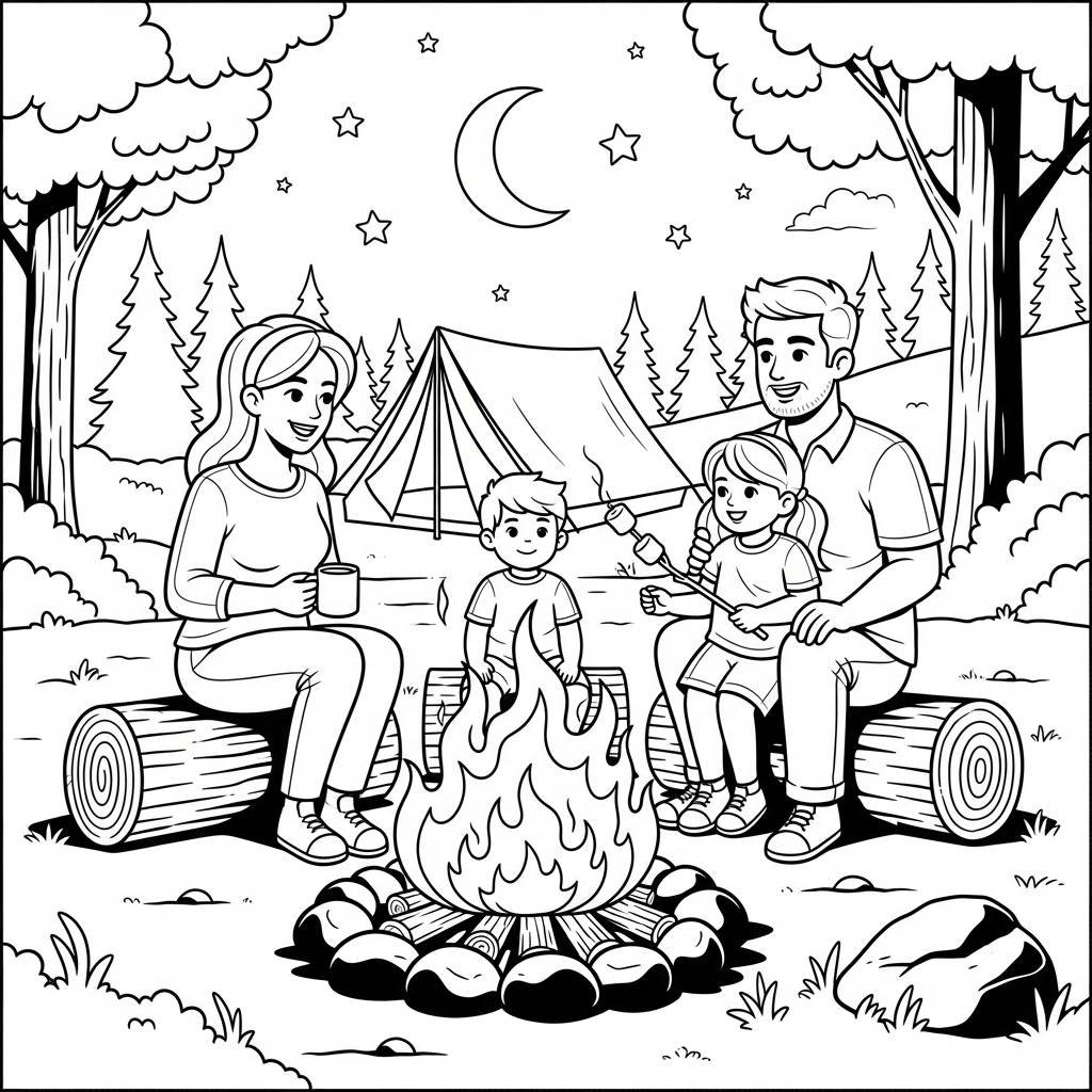 Family Gathered Around Campfire Coloring Page