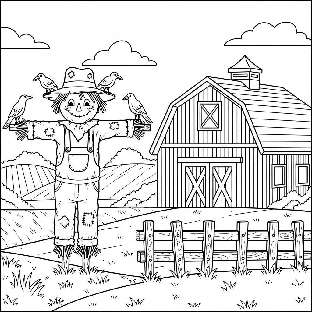 Farm with Barn and Scarecrow Coloring Page