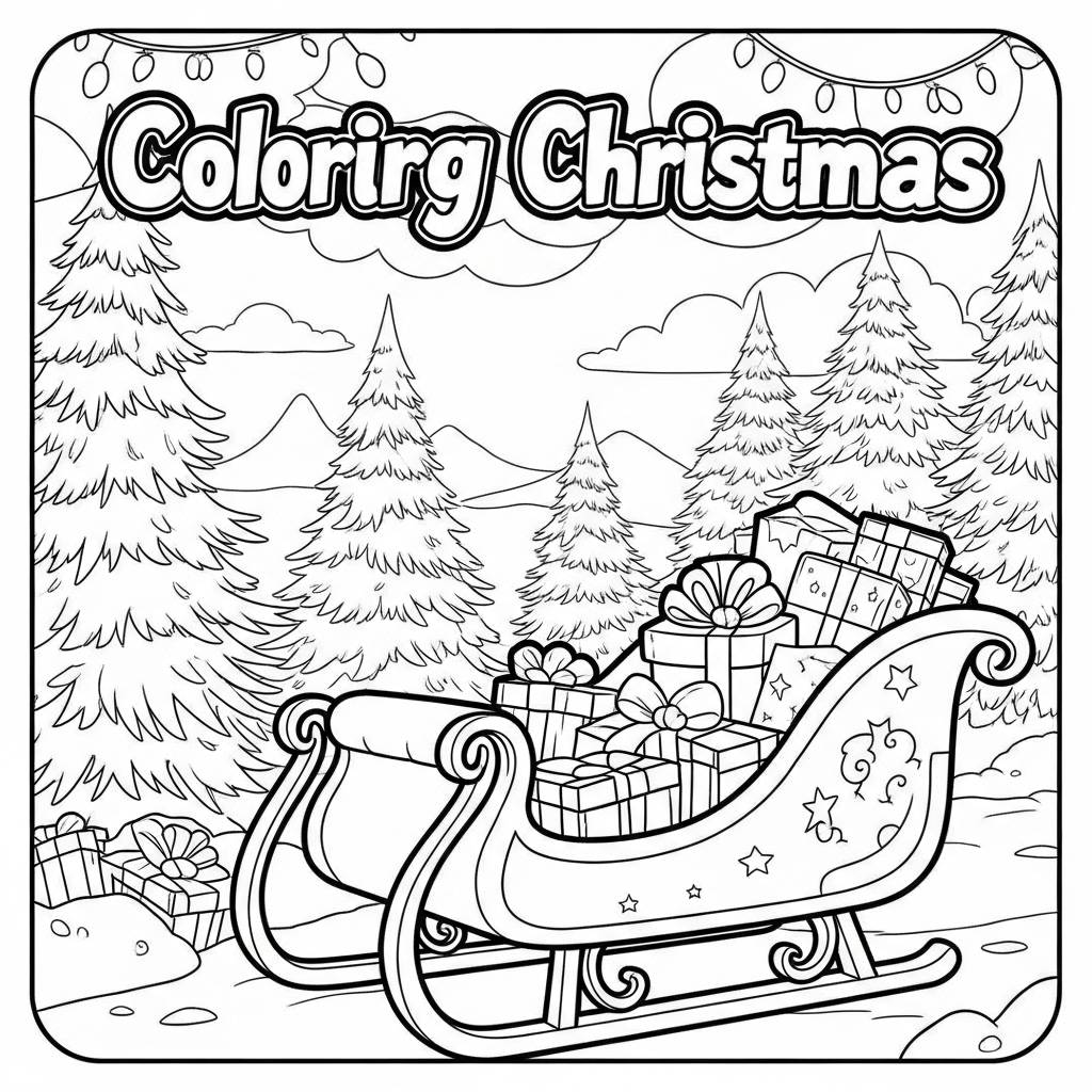 Festive Holiday Scene with Sleigh Coloring Page