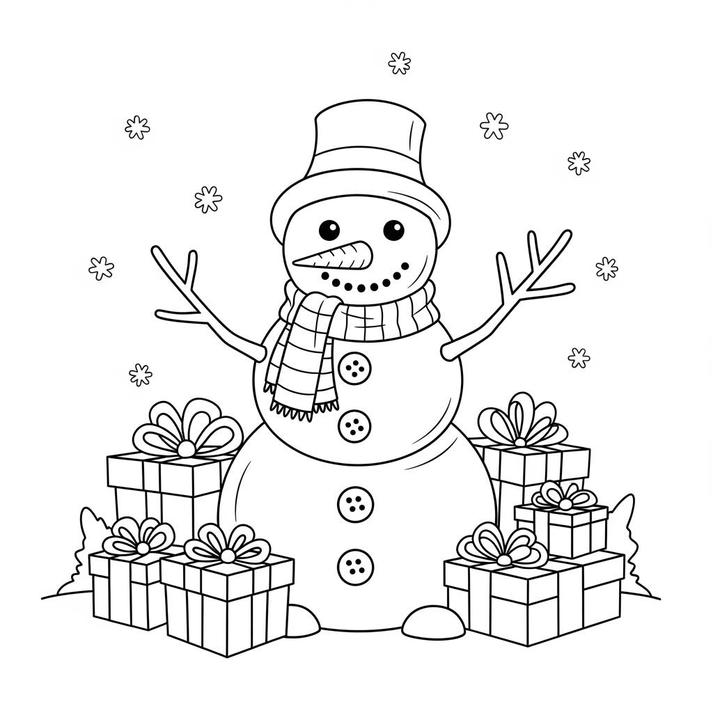 Festive Snowman with Gifts Coloring Page