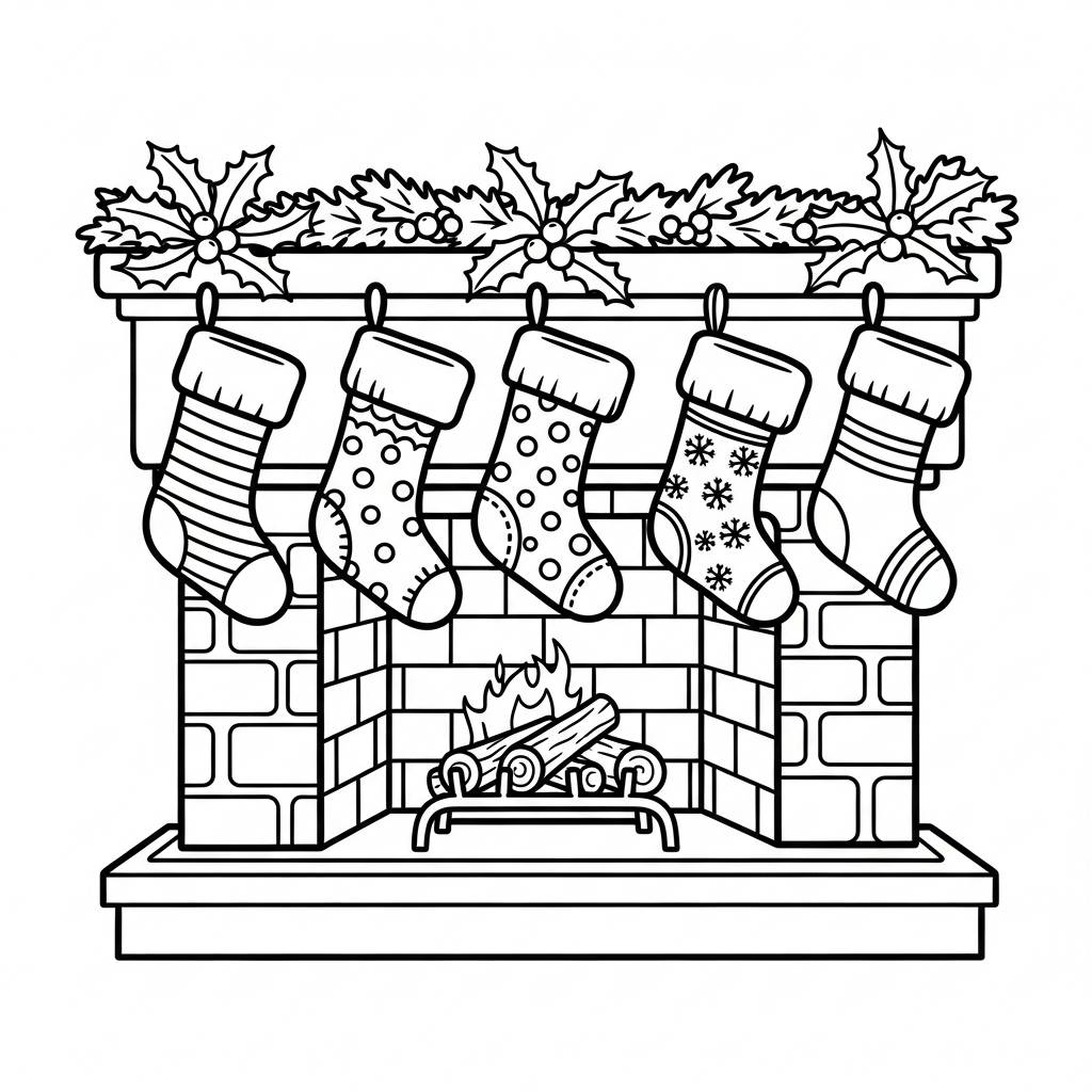 Festive Stockings Over Fireplace Coloring Page