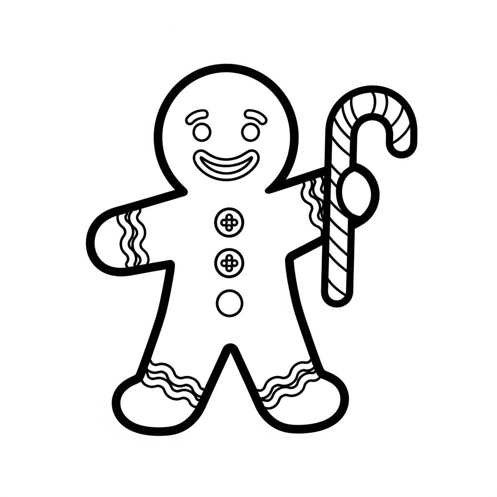 Gingerbread Man Holding a Candy Cane Coloring Page