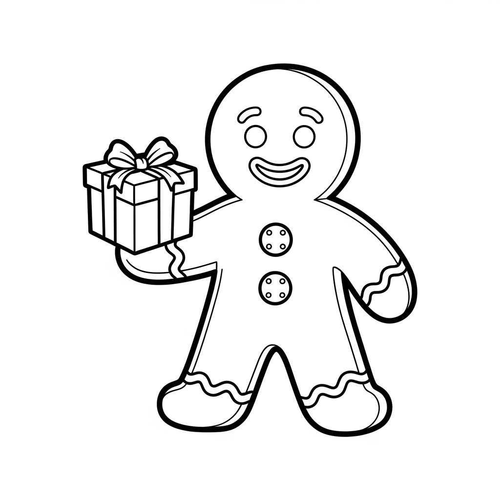 Gingerbread Man Holding a Gift Coloring Page