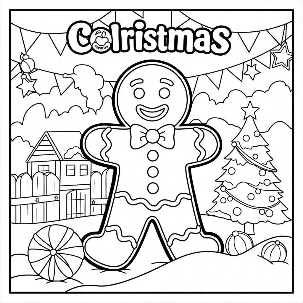 Gingerbread Man Holiday Scene Coloring Page