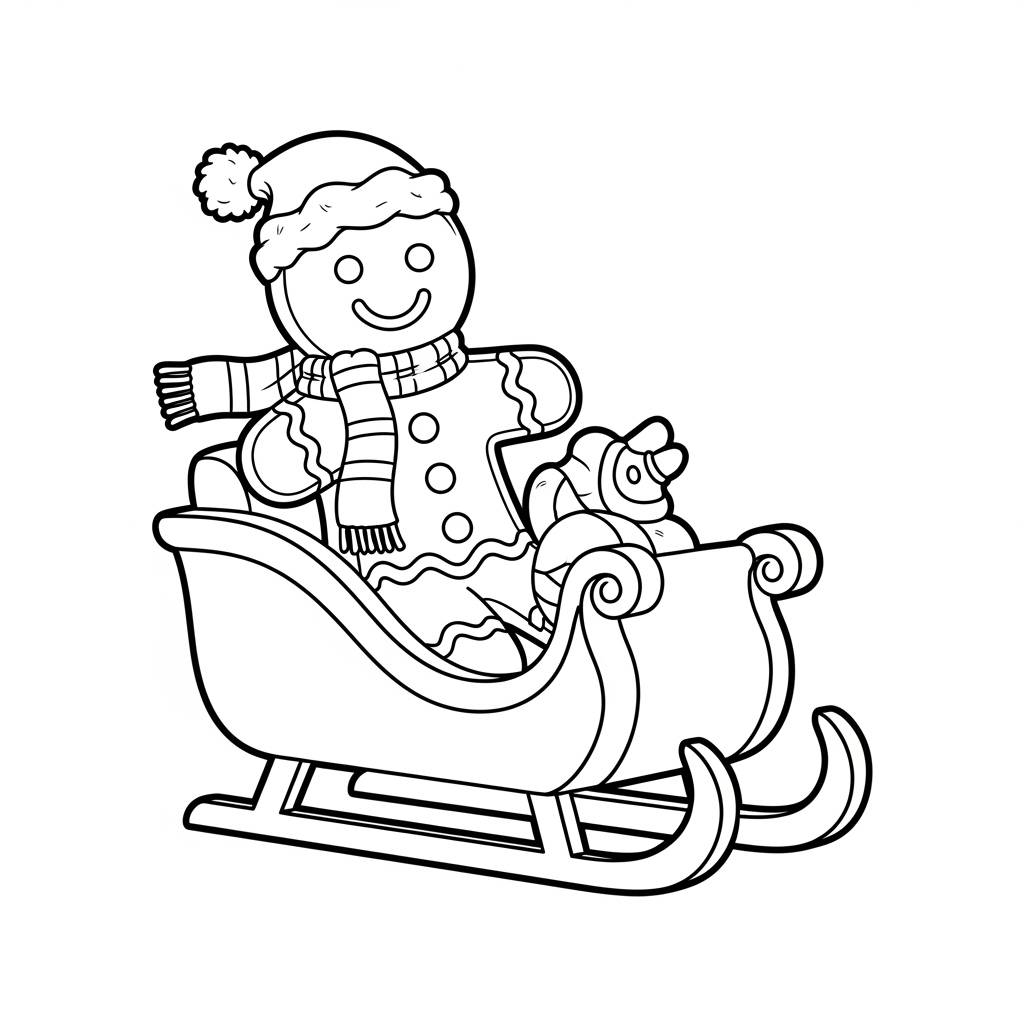 Gingerbread Man Riding a Sleigh Coloring Page
