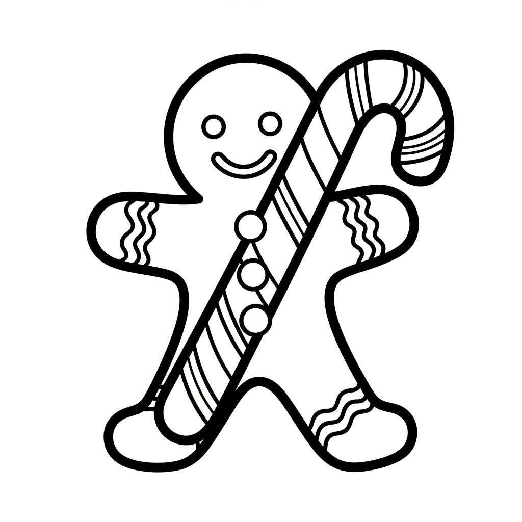 Gingerbread Man with Candy Cane Coloring Page