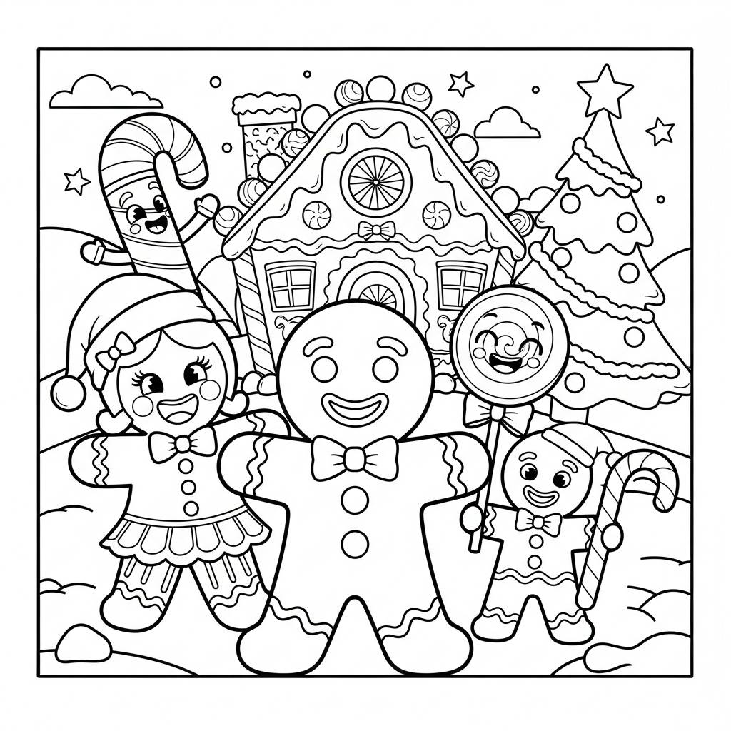 Gingerbread Man with Friends Coloring Page