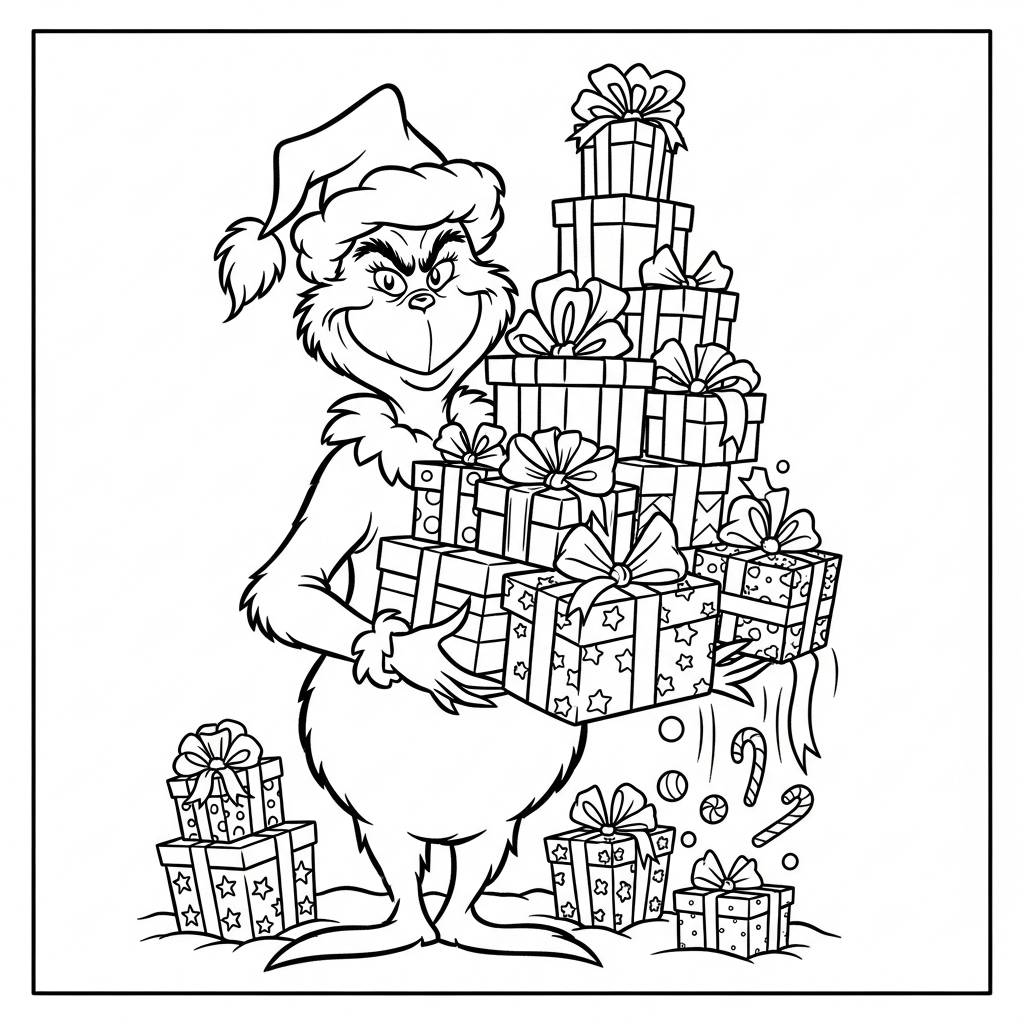 Grinch Smiling with Gifts Coloring Page