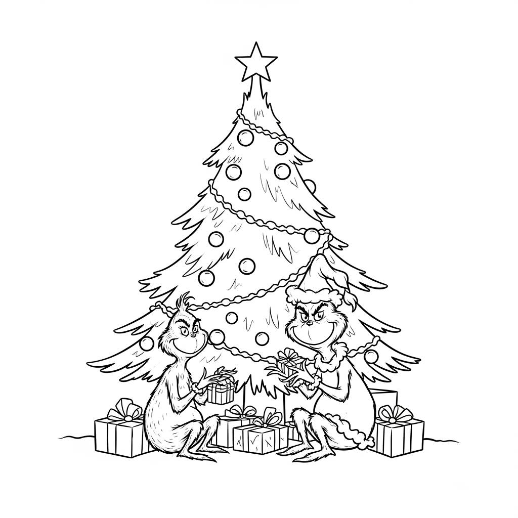 Grinch and Max Sitting by the Christmas Tree Coloring Page