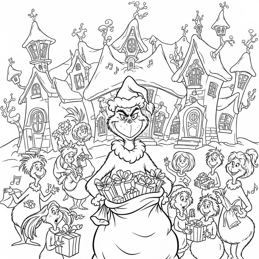Grinch and the Whos of Whoville Coloring Page