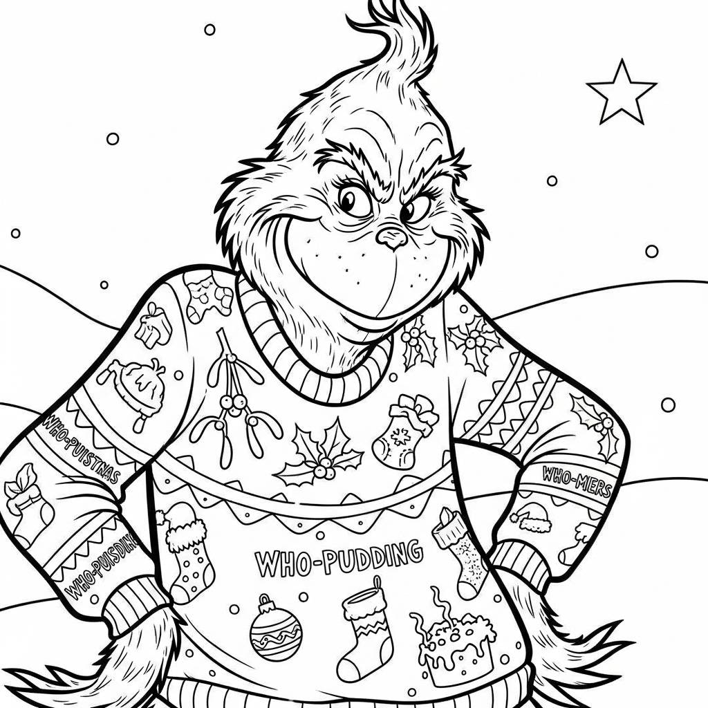 Grinch in a Funny Christmas Sweater Coloring Page