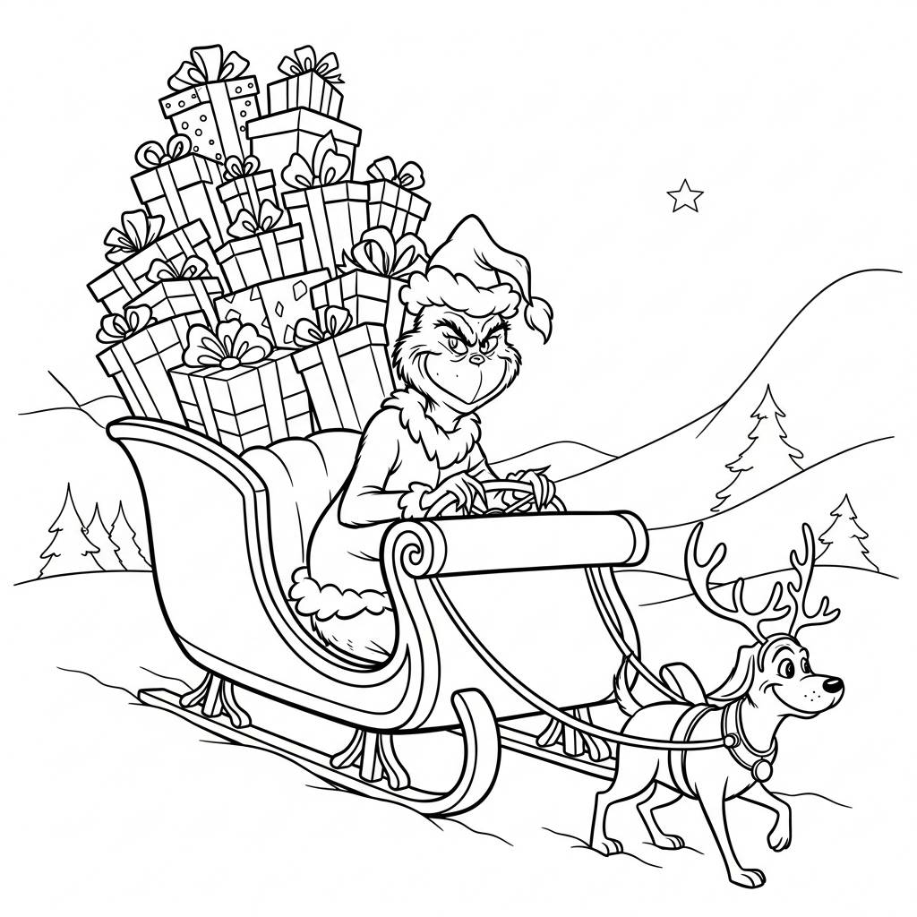 Grinch on a Sleigh Full of Gifts Coloring Page