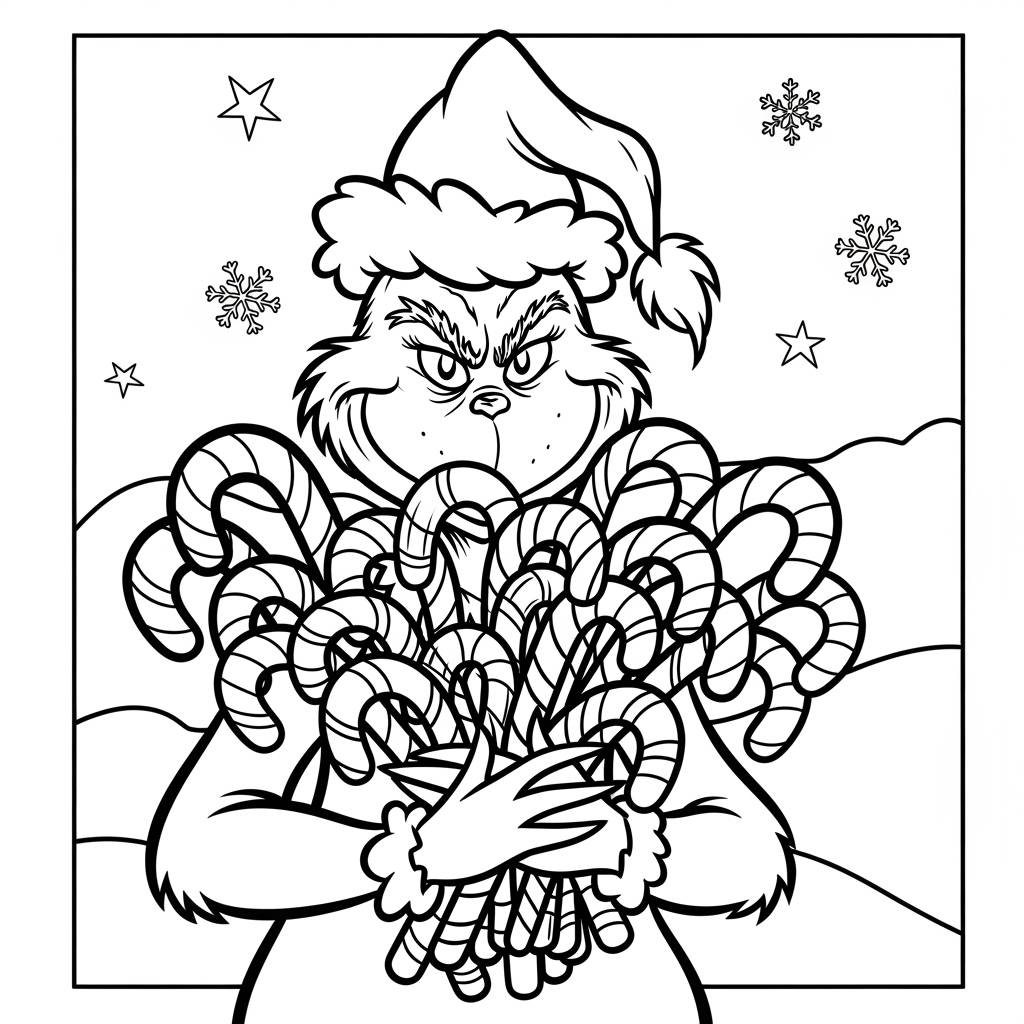 Grinch with Candy Canes Coloring Page