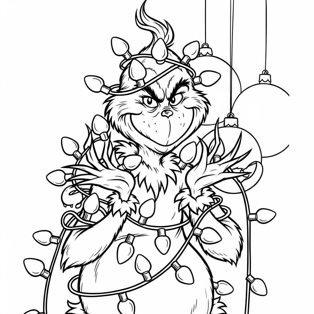 Grinch with Christmas Lights Coloring Page